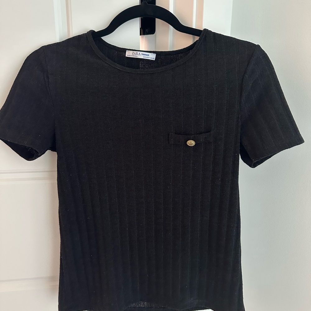 Zara Black Ribbed Tee with Pocket